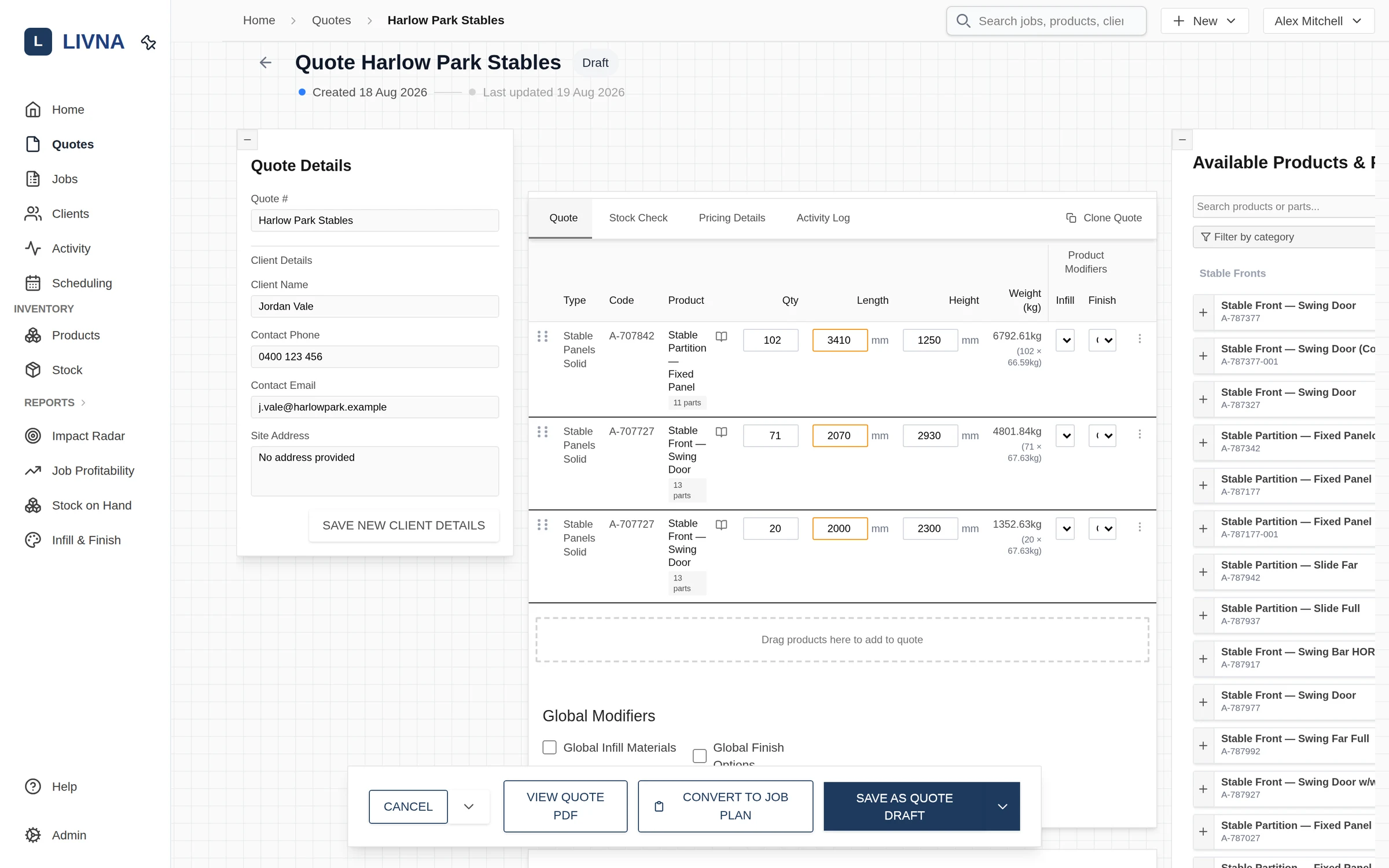 Livna quote editor with per-line dimensions, weights, infill and finish modifiers, and quote actions