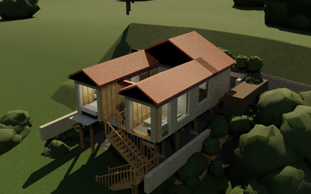 Runthrough: the finished addition on a steeply falling site, its C shaped plan wrapping a courtyard, terracotta roof and stone cladding, cut into the ground behind a retaining wall at the high end and standing on poles over an open undercroft at the low end.
