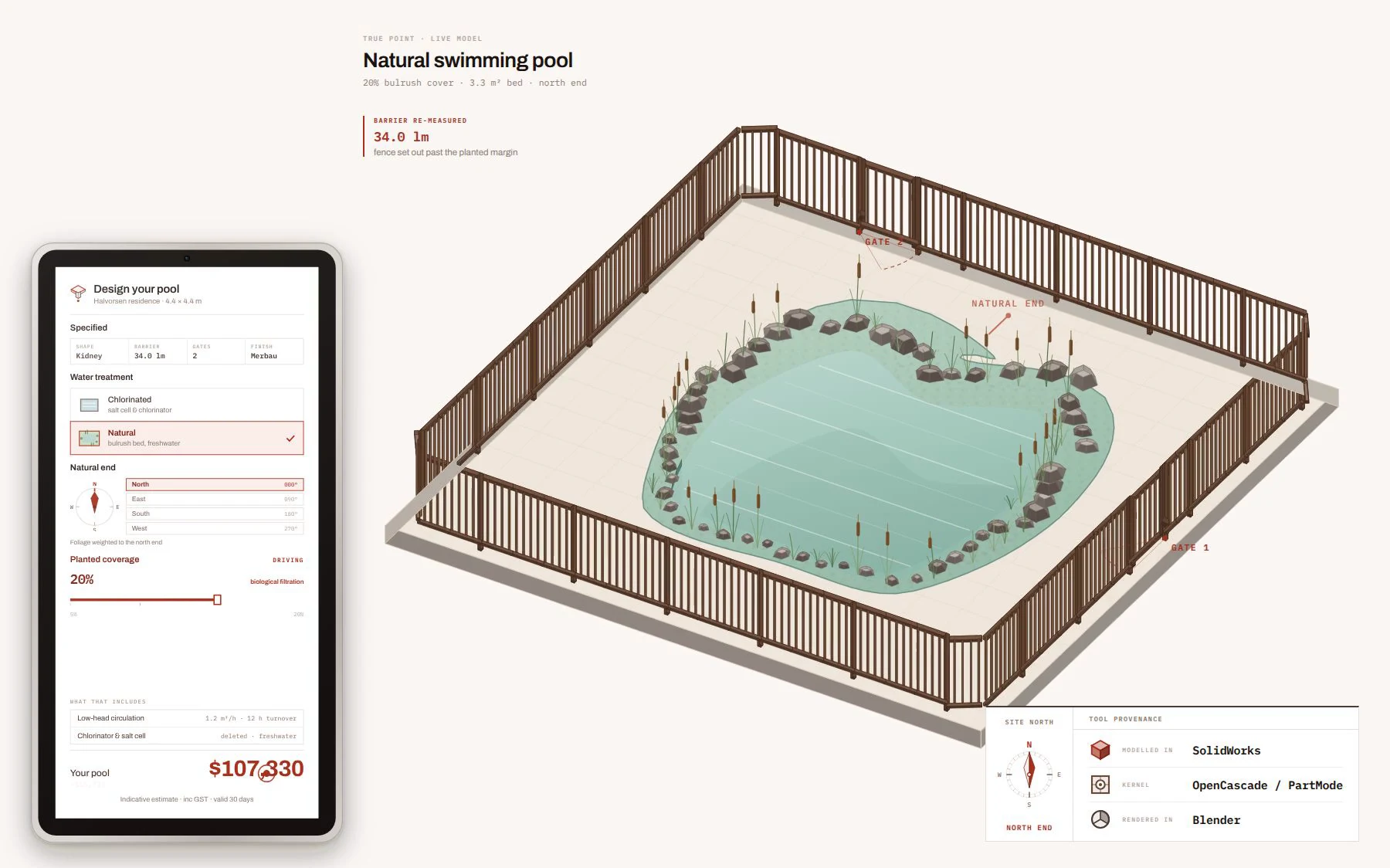True Point: an isometric kidney-shaped natural swimming pool with bulrushes, stones and pebbles fringing the water at twenty per cent planted coverage, a compass showing the natural end to the north, and the safety barrier set out past the planted margin.